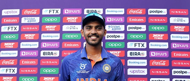 Vicky Ostwal of India poses after being named Player of the Match following the ICC U19 Men's Cricket World Cup match between India and South Africa at Providence Stadium on January 15, 2022 in Georgetown, Guyana.