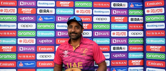 Asif Khan of UAE poses after being named Player of the Match following the ICC Men's Cricket World Cup Qualifier Zimbabwe 2023 9th and 10th Playoff match between USA and UAE at Takashinga Cricket Club on July 06, 2023 in Harare, Zimbabwe.
