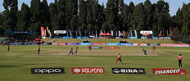General view of play during the ICC Men's Cricket World Cup Qualifier Zimbabwe 2023 match between the West Indies and Nepal at Harare Sports Club on June 22, 2023 in Harare, Zimbabwe.