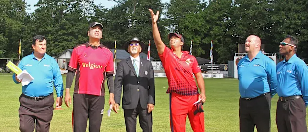 At the toss of the match Austria v Belgium at the ICC Europe Div 1 Tournament in Schiedam,The Netherlands.