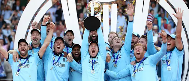 England captain Eoin Morgan lifts the ICC World Cup trophy during the Final of the ICC Cricket World Cup 2019 between New Zealand and England