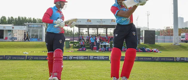 Kuwait's openers head out to bat against Malaysia at the ICC Under-19 Men’s Cricket World Cup Asia Qualifier 2023 in UAE.