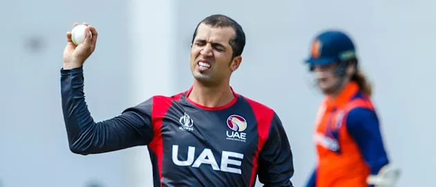 Rohan Mustafa acknowledges the cheers after picking up his fifth wicket