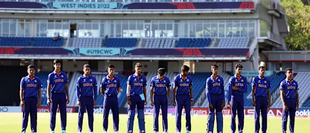 Players of India line up for the National Anthems ahead of the ICC U19 Men's Cricket World Cup match between India and Ireland at the Brian Lara Cricket Academy on January 19, 2022 in Tarouba, Trinidad And Tobago.
