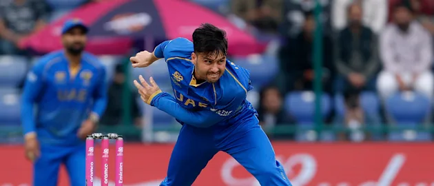 Muhammad Jawadullah of the United Arab Emirates bowls during the ICC Men's T20 World Cup India & Sri Lanka 2026 match between South Africa and United Arab Emirates at Arun Jaitley Stadium