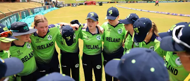 Siuin Woods of Ireland speaks to their side in the huddle during the ICC Women's U19 T20 World Cup 2023 match between Ireland and Indonesia at JB Marks Oval on January 19, 2023 in Potchefstroom, South Africa.