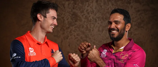 All smiles between Netherlands captain Scott Edwards and UAE skipper CP Rizwan