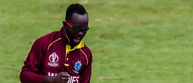 Nikita Miller celebrates a wicket between Windies and the United Arab Emirates ahead of the ICC Cricket World Cup Qualifier Trophy matches to be hosted in Zimbabwe March 1 2018.