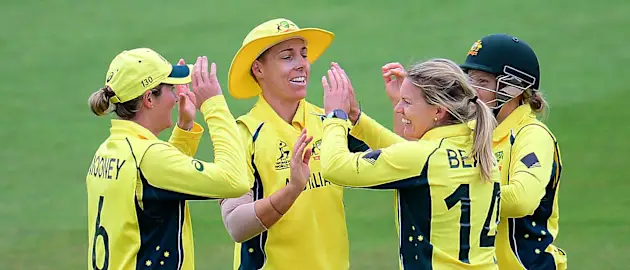 Kristen Beams celebrates the wicket of Dilani Manodara during the ICC Women's World Cup 2017 match between Sri Lanka and Australia.