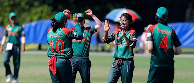 Match 7: Bangladesh team celebrates Netherlands all out, Netherlands Women v Bangladesh Women, Group B, ICC Women's World Twenty20 Qualifier at Utrecht, 8th July 2018.
