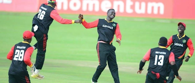 Isaac Aboagye of Ghana celebrates the wicket of Inzimam Master of Botswana