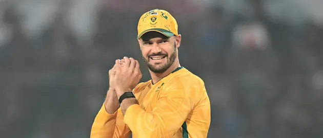 South Africa's captain Aiden Markram takes a catch to dismiss his Indian counterpart Suryakumar Yadav