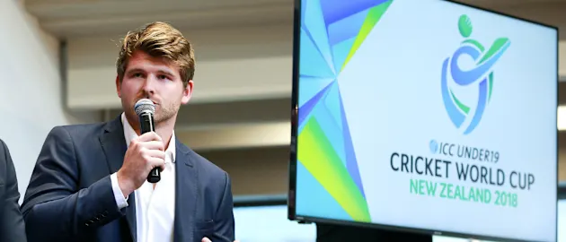 Corey Anderson speaks at the launch of the ICC U19 World Cup 2018 in Wellington, New Zealand.