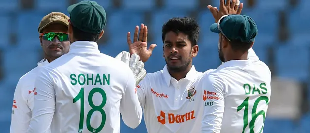 Mehidy Hasan Miraz celebrates the wicket of Jermaine Blackwood