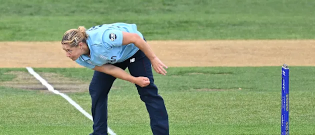 Katherine Brunt of England bowls during the 2022 ICC Women's Cricket World Cup match between England and Pakistan at Hagley Oval on March 24, 2022 in Christchurch, New Zealand.