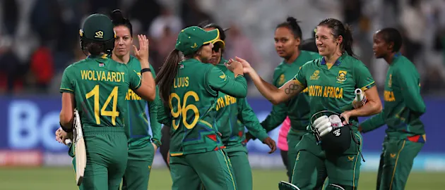Players of South Africa celebrate following the ICC Women's T20 World Cup group A match between South Africa and Bangladesh at Newlands Stadium on February 21, 2023 in Cape Town, South Africa.