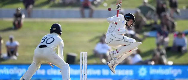 Mitchell Santner gets out of the way of a short ball