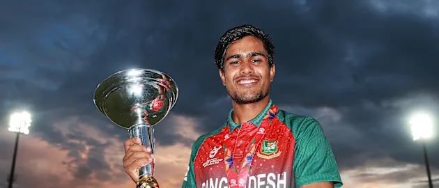 Mohammad Akbar Ali of Bangladesh pictured with the trophy during the ICC U19 Cricket World Cup Super League Final match between India and Bangladesh at JB Marks Oval on February 09, 2020 in Potchefstroom, South Africa.