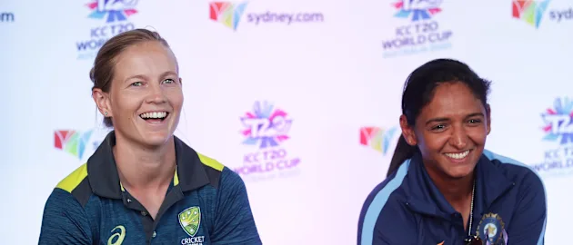 Australian captain Meg Lanning (L) and Indian captain Harmanpreet Kaur (R) speak during an Australia and India ICC Women's T20 World Cup Media Opportunity at Sydney Opera House on February 19, 2020 in Sydney, Australia.