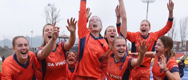 Players of Netherlands celebrate victory and qualification following the ICC Women´s T20 World Cup 2026 Qualifier Super Six match between USA and Netherlands at Tribhuvan University Cricket Ground