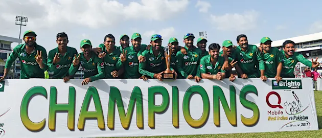 The Pakistan team pose with the trophy after brushing aside West Indies 3-1 in the four-match T20I series