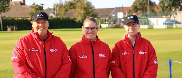 Scotland v PNG Match Officials; Lauren Agenbach and Kim Cotton (on-field umpires), Sue Redfern (reserve umpire)