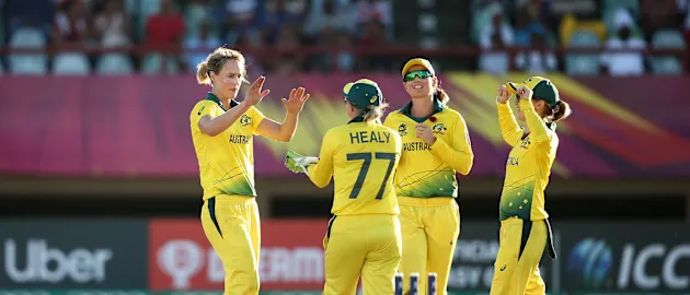 Ellyse Perry of Australia celebrates a wicket during the ICC Women's World T20 2018 match between Australia and Ireland at Guyana National Stadium on November 11, 2018 in Providence, Guyana.