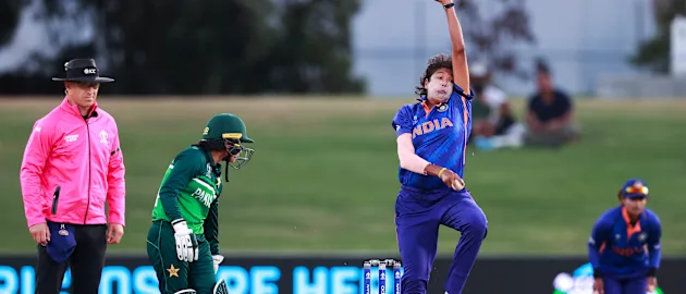 Jhulan Goswami of India bowls during the 2022 ICC Women's Cricket World Cup match between Pakistan and India at Bay Oval on March 06, 2022 in Tauranga, New Zealand.