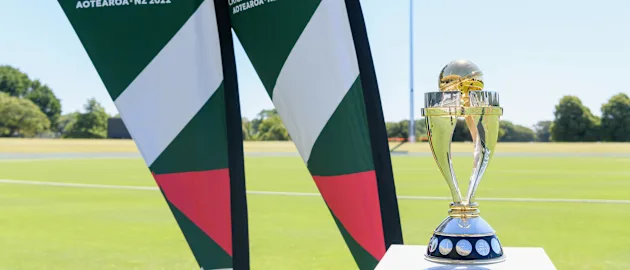 The Women's World Cup trophy is seen during the ICC Women's Cricket World Cup 2022 match schedule announcement at Hagley Oval on December 15, 2020 in Christchurch, New Zealand.