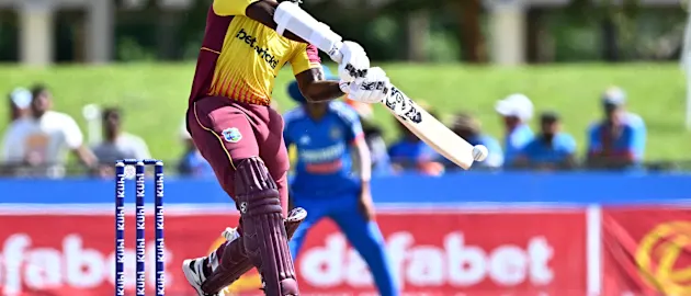 Kyle Mayers, of West Indies, takes a shot during the fourth T20i cricket match between India and West Indies at Central Broward Regional Park in Lauderhill, Florida, on August 12, 2023.