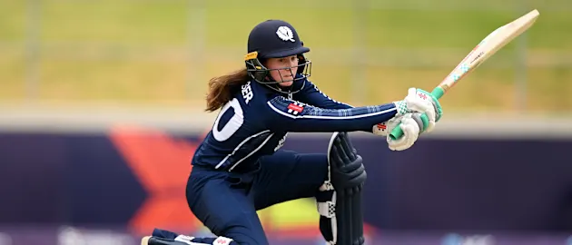 Katherine Fraser of Scotland plays a shot during the ICC Women's U19 T20 World Cup 2023 4th place playoff match between USA and Scotland at Willowmoore Park on January 20, 2023 in Benoni, South Africa.