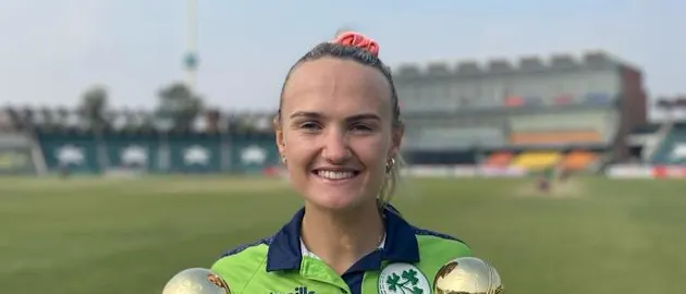 Gaby Lewis with Player of the Match and Player of the Series trophies (Pic credit: Ireland cricket)