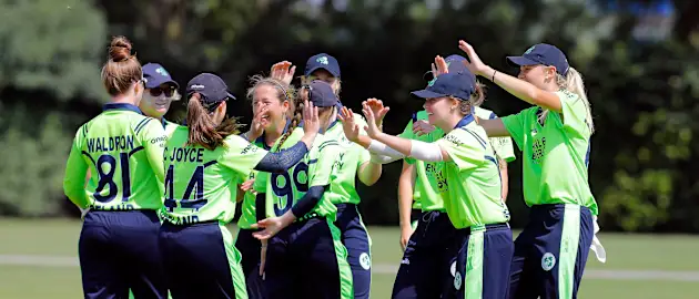 Match 1: Ireland Team celebrating a wicket, ICC Women's World Twenty20 Qualifier, Utrecht, 7th July 2018.