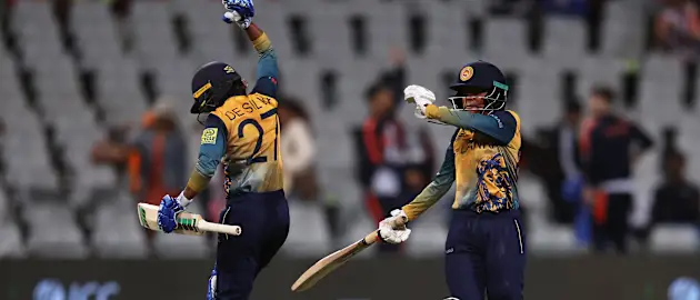Harshitha Samarawickrama and Nilakshi de Silva of Sri Lanka celebrate following the ICC Women's T20 World Cup group A match between Bangladesh and Sri Lanka at Newlands Stadium on February 12, 2023 in Cape Town, South Africa.