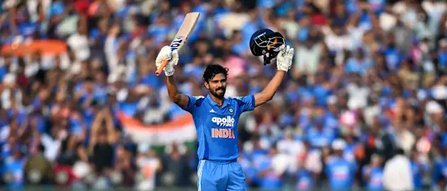 India's Ruturaj Gaikwad celebrates after scoring a century (100 runs) during the second one-day international (ODI) 