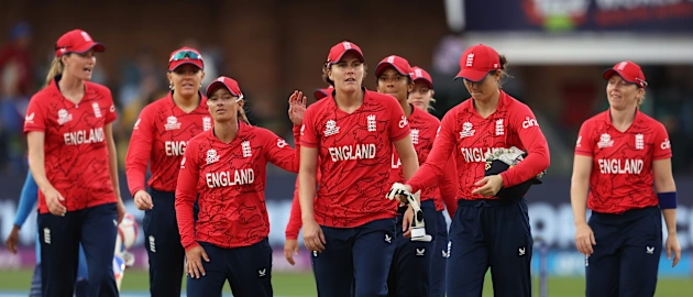 Players of England look on following the ICC Women's T20 World Cup group B match between England and India at St George's Park on February 18, 2023 in Gqeberha, South Africa.