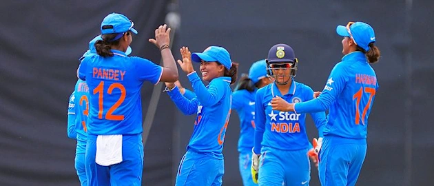 Ekta Bisht celebrates a wicket with the Indian team