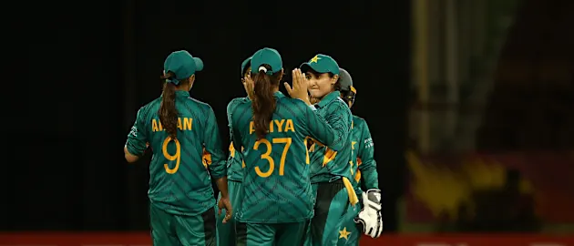 Bismah Mahroof of Pakistan celebrates a wicket with team mates during the ICC Women's World T20 2018 match between Pakistan and Ireland at Guyana National Stadium on November 13, 2018 in Providence, Guyana.