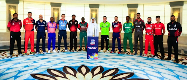 ICC Men’s T20 World Cup Qualifier Trophy with HE Sheikh Nahyan Mabarak Al Nahyan and the 14 Captains