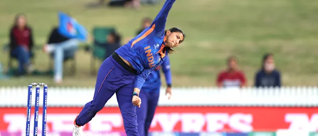 Sneh Rana of India bowls during the 2022 ICC Women's Cricket World Cup match between India and Bangladesh at Seddon Park on March 22, 2022 in Hamilton, New Zealand.