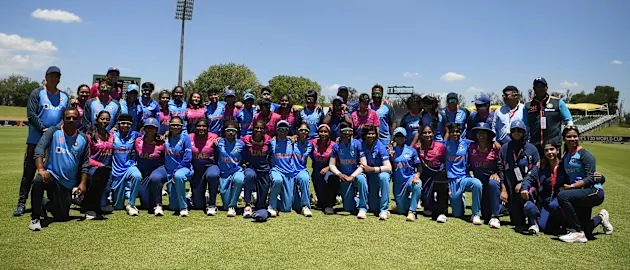 Players of India and UAE pose for a group photograph after the ICC Women's U19 T20 World Cup 2023 match between and at Willowmoore Park on January 16, 2023 in Benoni, South Africa.