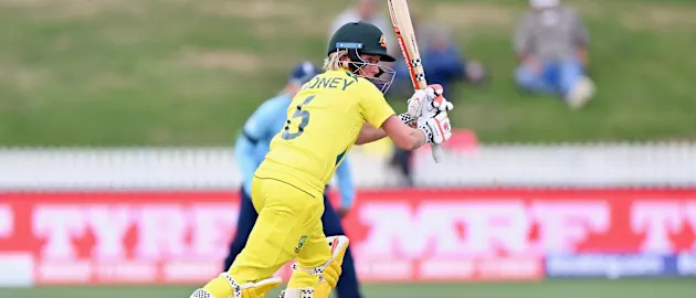 Beth Mooney of Australia bats during the 2022 ICC Women's Cricket World Cup match between Australia and England at Seddon Park on March 05, 2022 in Hamilton, New Zealand.