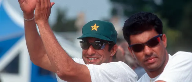 Pakistan greats Wasim Akram (left) and Waqar Younis (right) during their playing days
