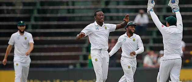Kagiso Rabada celebrating the wicket of Kusal Mendis