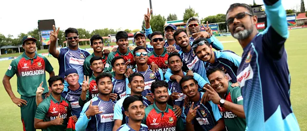 Bangladesh players and coaching staff pose for a selfie during the ICC U19 Cricket World Cup Super League Semi-Final match between New Zealand and Bangladesh at JB Marks Oval on February 06, 2020 in Potchefstroom, South Africa.