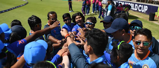 Players of India huddle prior to the ICC Women's U19 T20 World Cup 2023.