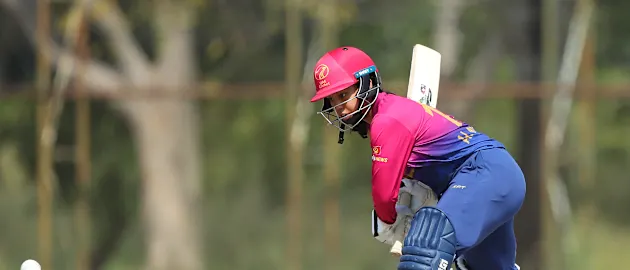 Al Maseera of United Arab Emirates bats during the ICC Women's Emerging Nations Trophy 2025 match between Thailand and United Arab Emirates at Terdthai Cricket Ground on November 28, 2025 in Bangkok, Thailand.