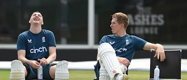 Harry Brook and Zak Crawley of England talk during a training session at Lord's Cricket Ground