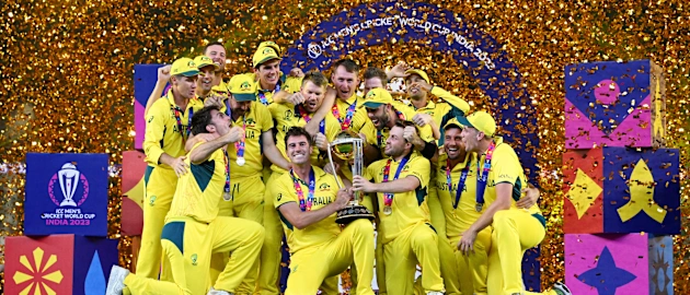 Pat Cummins of Australia lifts the ICC Men's Cricket World Cup Trophy following the ICC Men's Cricket World Cup India 2023 Final between India and Australia at Narendra Modi Stadium on November 19, 2023 in Ahmedabad, India.