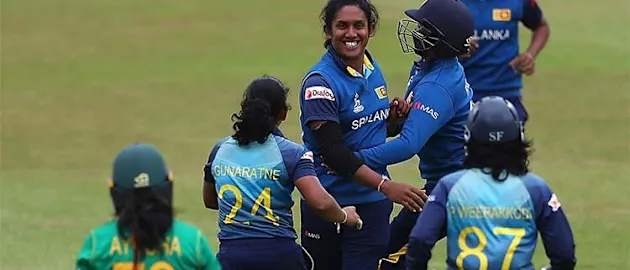 Chandima Gunaratne celebrates the wicket of Ayesha Zafar